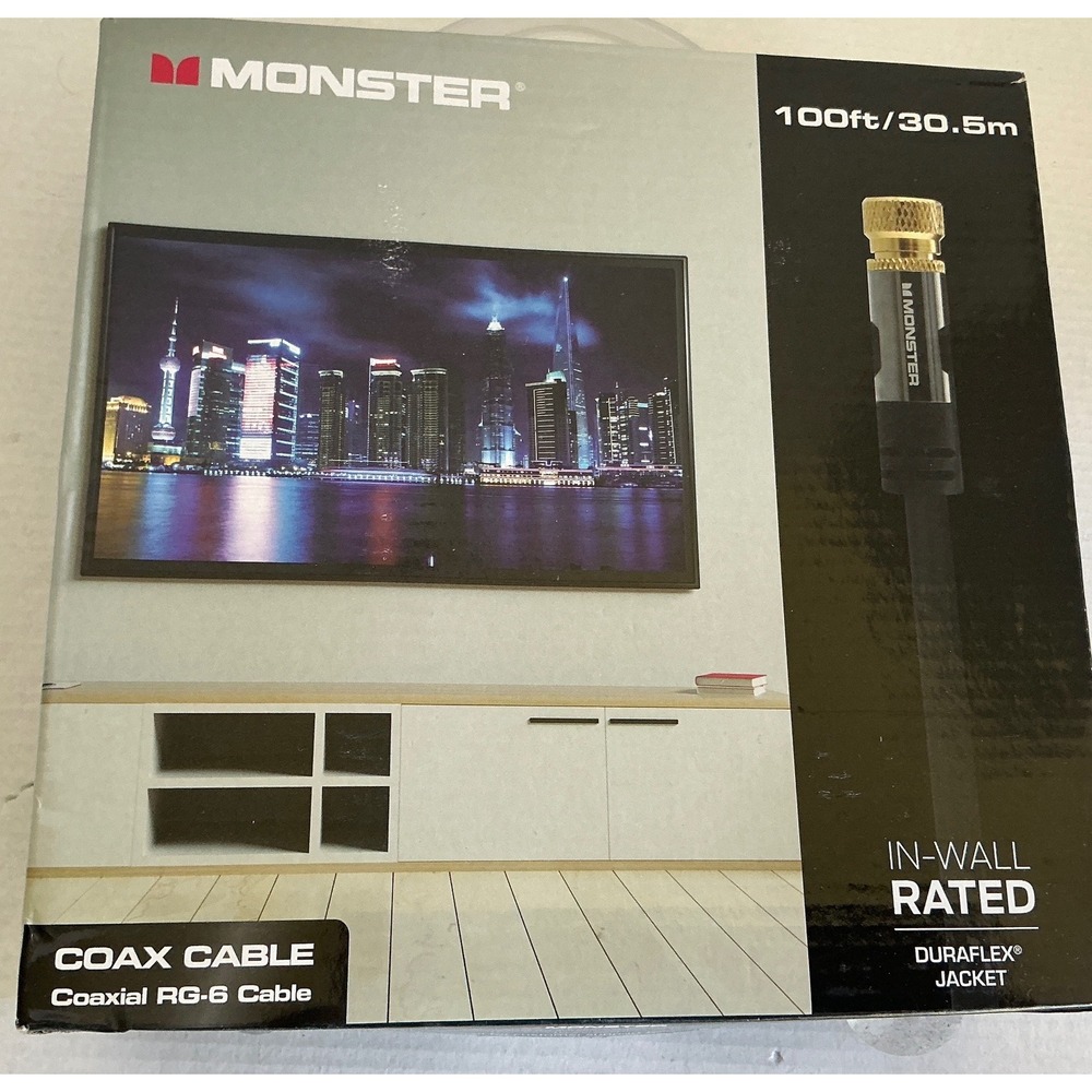 Monster Coaxial RG-6 Cable 100ft In-Wall Rated‎ Gold Plated Connectors Black